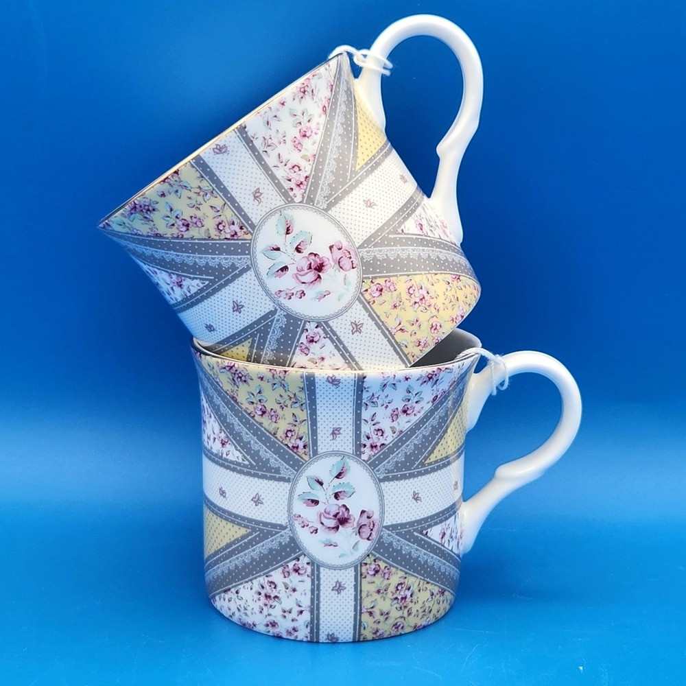 Vintage Katie Alice Ditsy Floral Union Jack Flag Design Bone China Mugs - New - Picture 1 of 7
